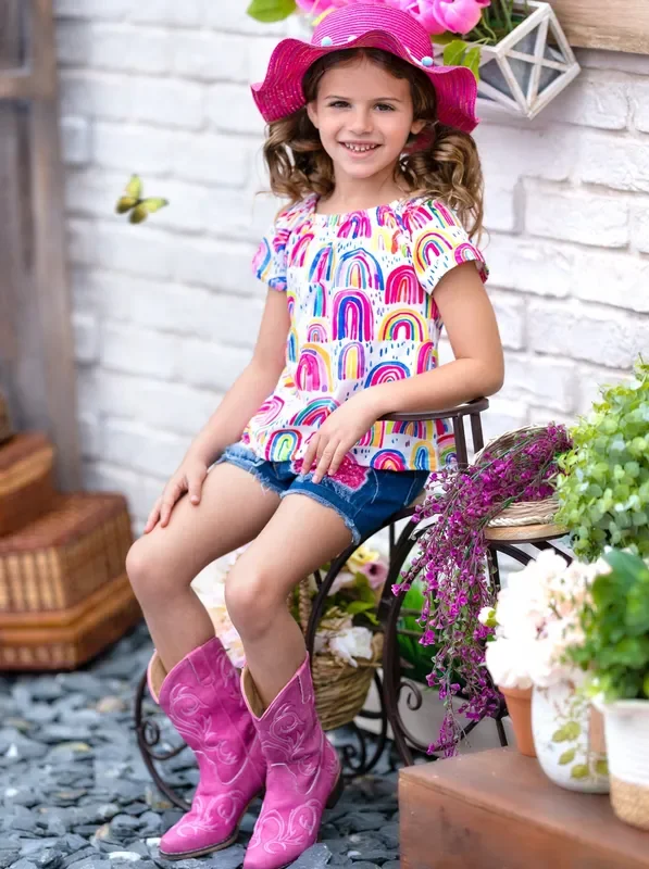 Drawn to Rainbows Patched Denim Shorts Set