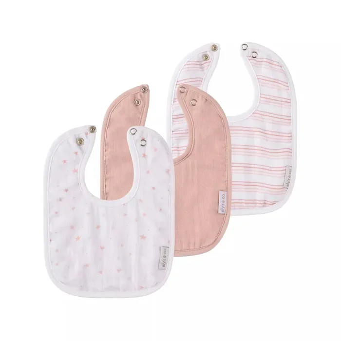 ELY`S & CO. 3 PACK BIB 2 LAYER MUSLIN + TERRY BACK PINK STARS,STRIPES,SOLID