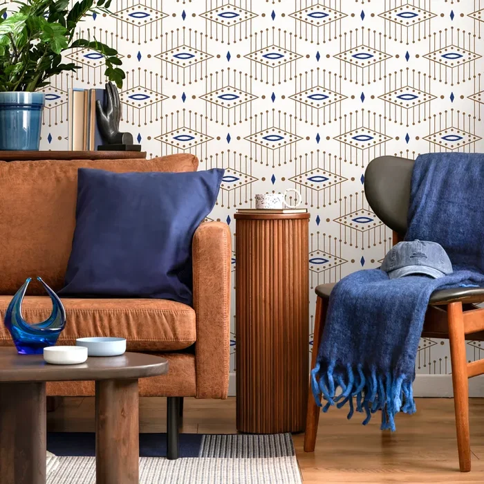 Ethnic Wallpaper With A Geometric Diamond Motif In Blue And Brown – C838