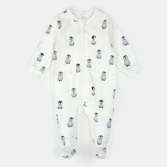 FIRSTS Baby Penguin Print on Off-White Sleeper