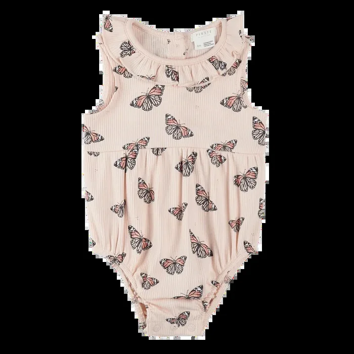 FIRSTS Monarch Print on Ribbed Cherry Blossom Bubble Romper