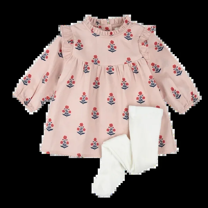 FIRSTS Poppy Print on Rose Brushed Twill Dress Set