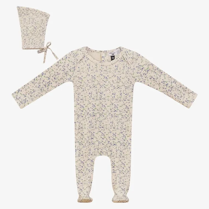 Floral Footie And Hat – Blue Taupe