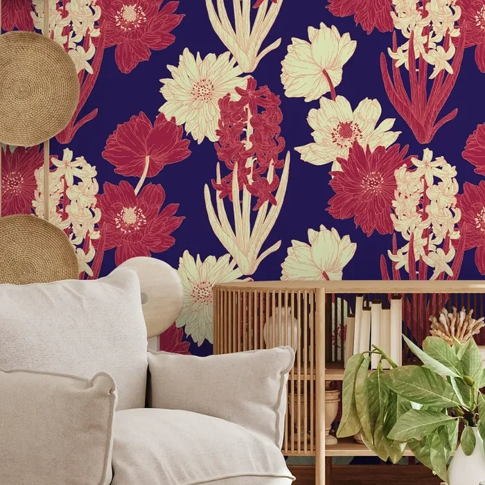 Floral Wallpaper Featuring Hyacinths And Dahlias In Red, Cream, And Navy Blue – A802