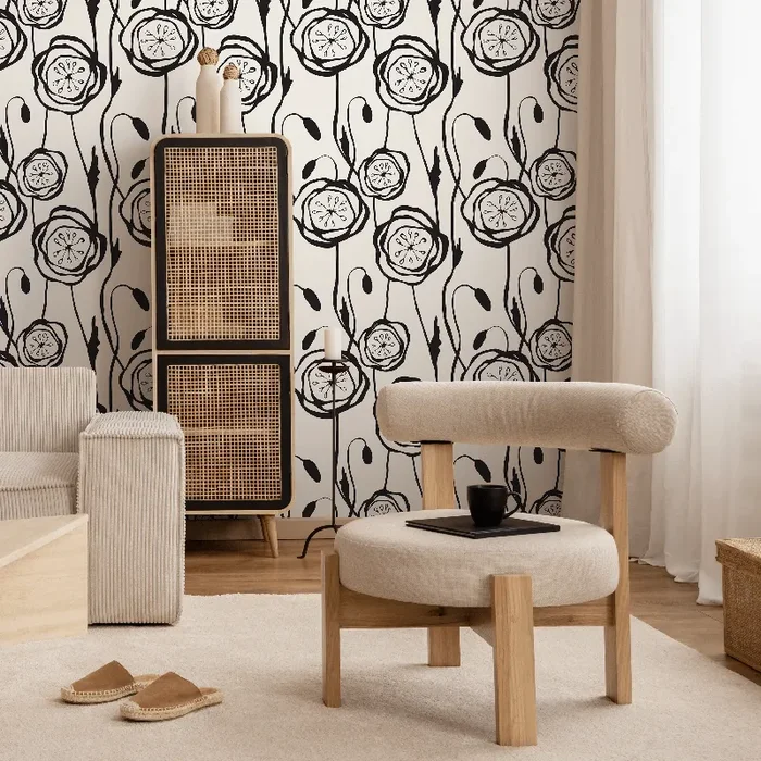 Floral Wallpaper With A Bold Poppy Outline In Black And White – B605