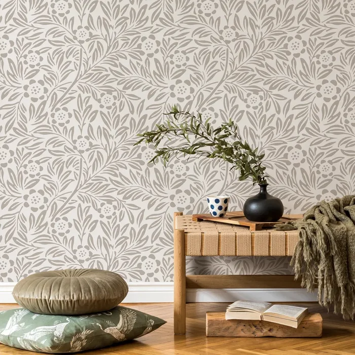 Floral Wallpaper With A Classic Arts And Crafts Motif In Beige – C302