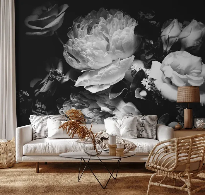 Floral Wallpaper With A Dramatic Peony Bouquet In Black And White – A557