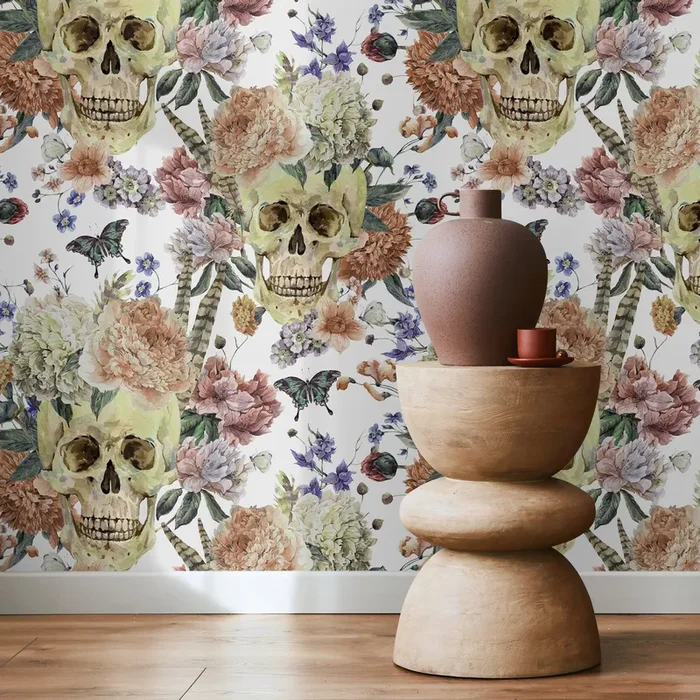 Floral Wallpaper With A Gothic Skull Motif In Peach, Purple, And Tan – D923