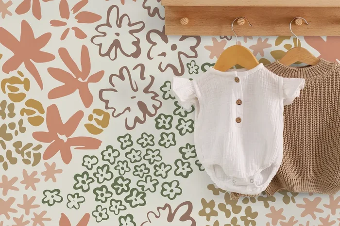 Floral Wallpaper With A Hand-drawn Motif In Terracotta, Green, And Taupe – D166