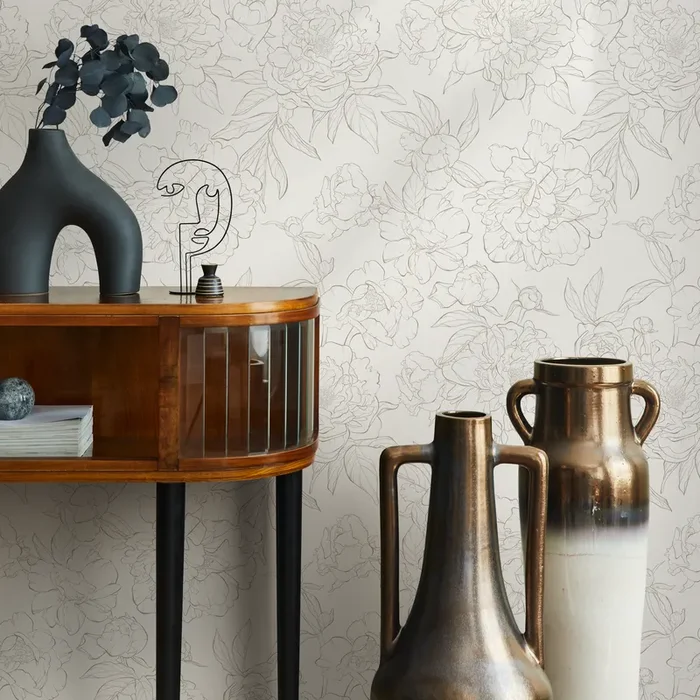Floral Wallpaper With A Minimalist Peony Line Art In Brown And Cream – Zaef
