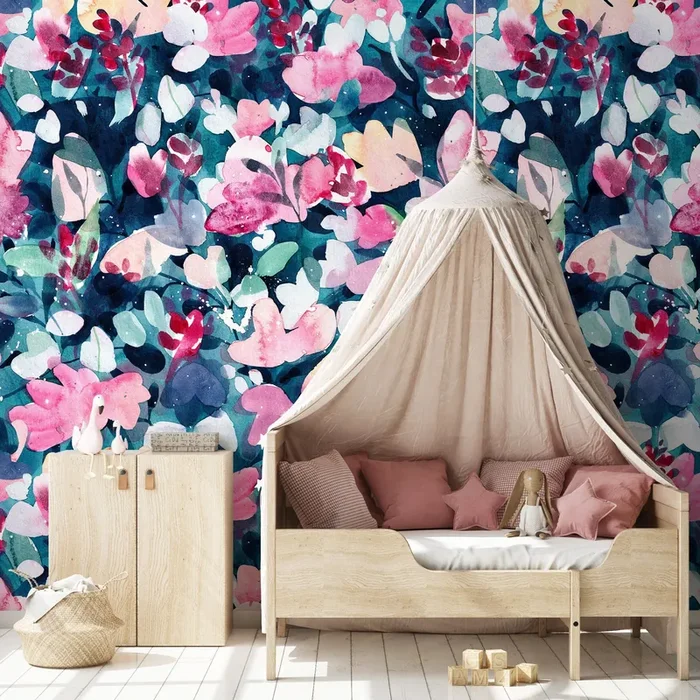 Floral Wallpaper With A Painterly Watercolor Motif In Pink, Teal, And Blue – X149