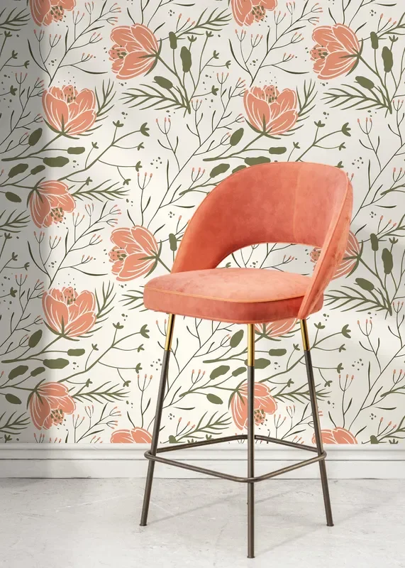 Floral Wallpaper With A Scandinavian Botanical Motif In Coral And Green – D148