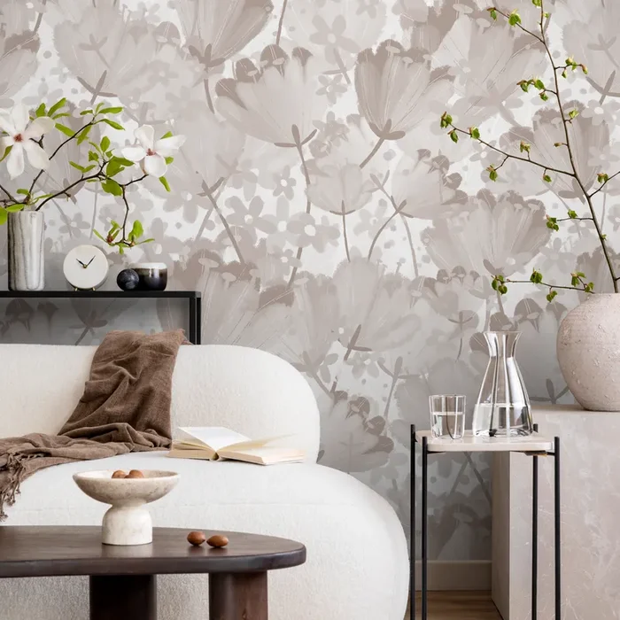 Floral Wallpaper With A Soft Painted Tulip Motif In Beige And Taupe – C913