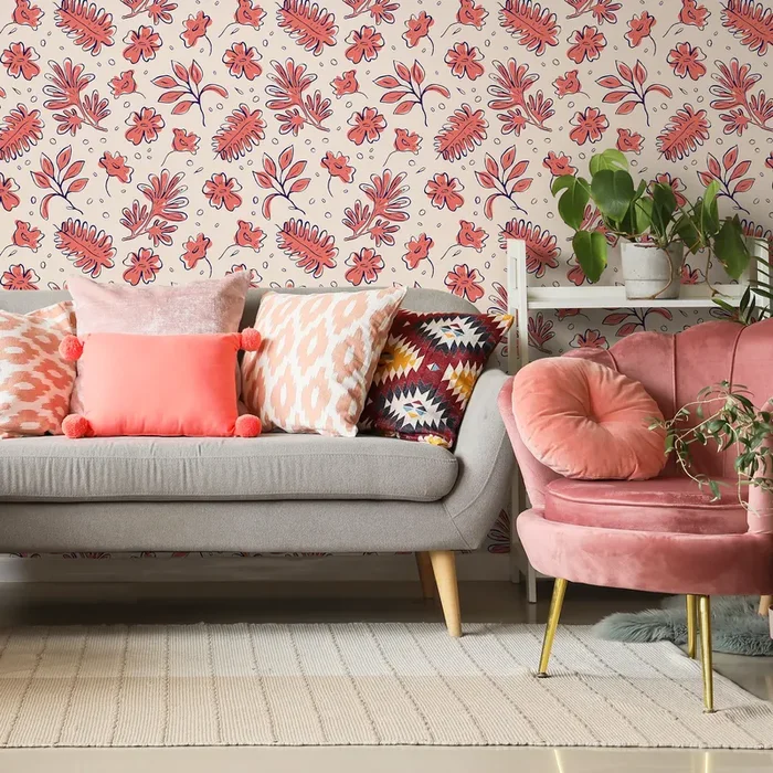 Floral Wallpaper With A Stylized Botanical Print In Pink, Beige, And Blue – C767