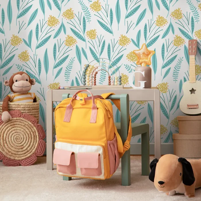 Floral Wallpaper With A Stylized Wildflower Motif In Yellow And Light Blue – D389