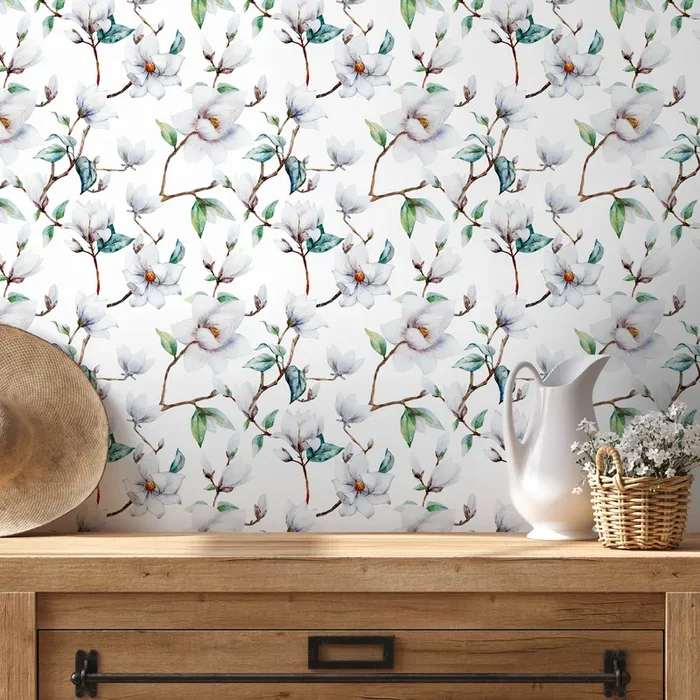 Floral Wallpaper With A Watercolor Magnolia Motif In White, Green, And Brown – A680