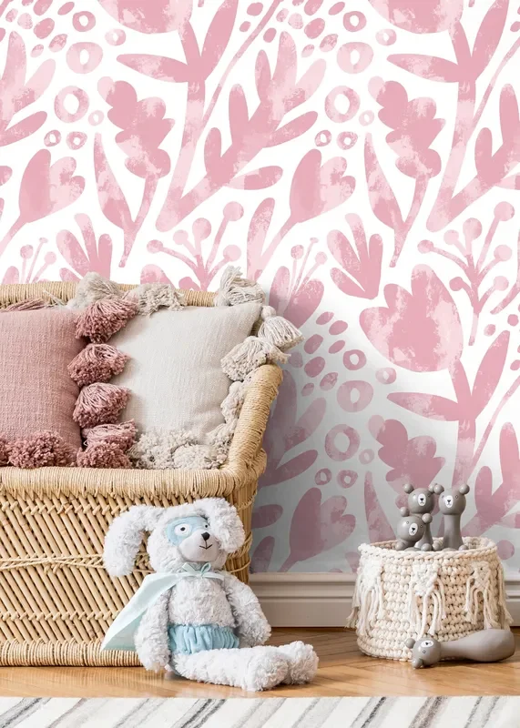 Floral Wallpaper With Abstract Botanical Shapes In Pink – X182
