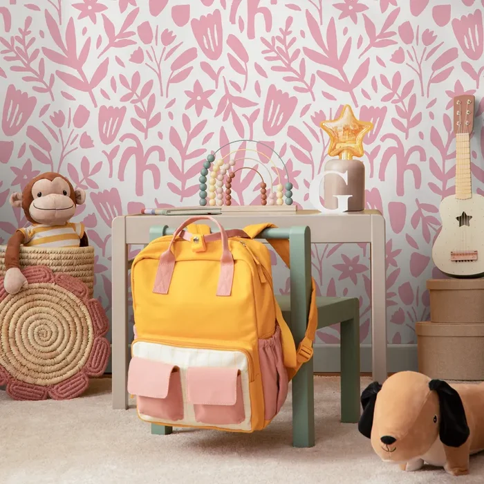 Floral Wallpaper With Abstract Cut-out Blooms In Pink – D368
