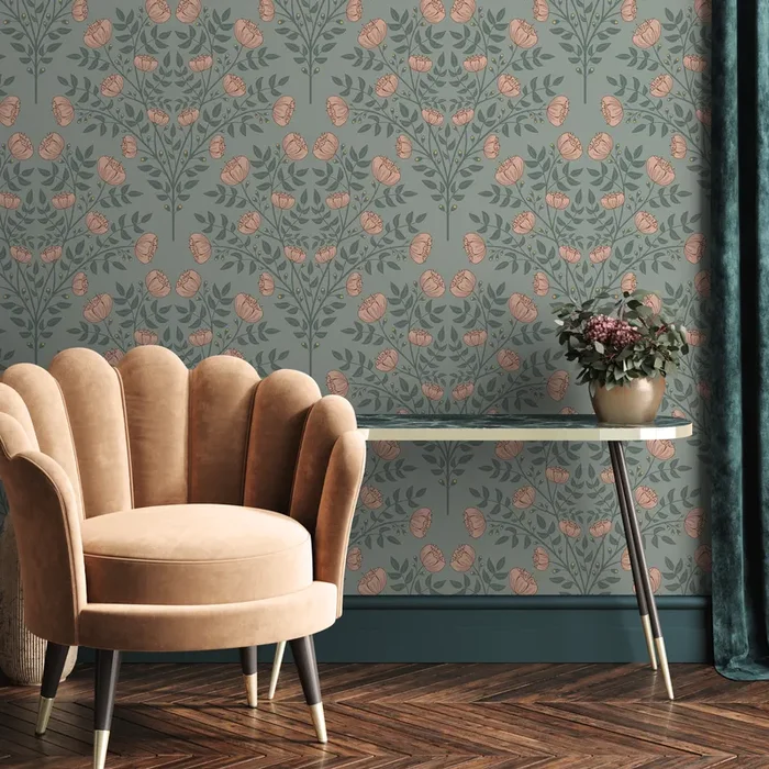 Floral Wallpaper With An Arts And Crafts Motif In Green And Pink – D037