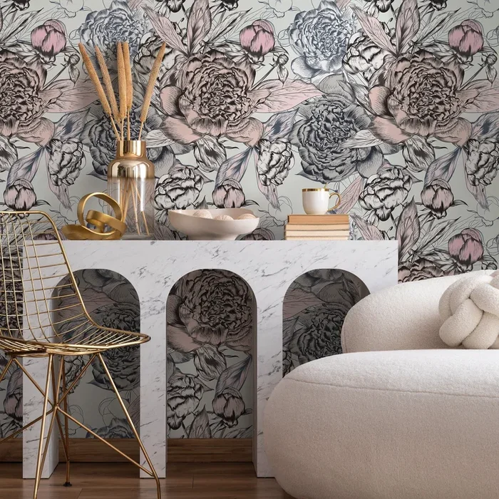 Floral Wallpaper With An Engraved Peony Design In Pink, Blue, And Black – B879