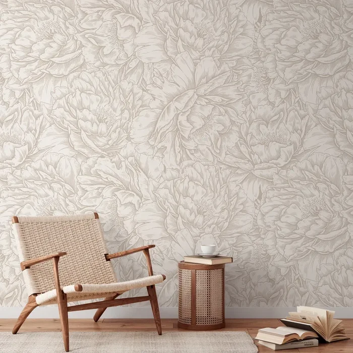 Floral Wallpaper With An Engraved Peony Motif In Beige And Cream – D520