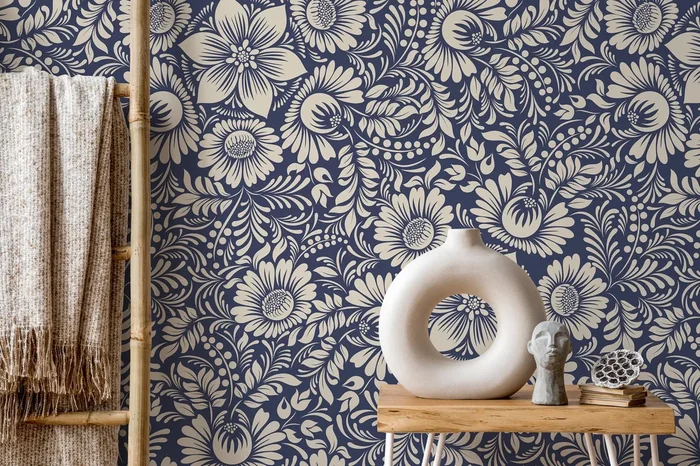 Floral Wallpaper With An Intricate Folk Art Motif In Blue And Beige – D068