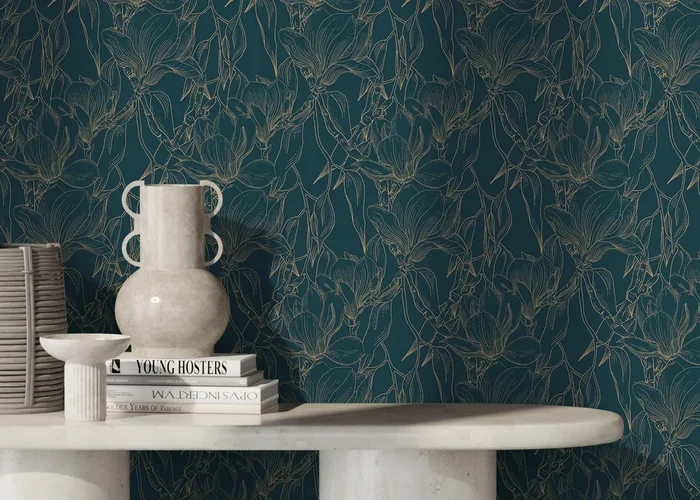Floral Wallpaper With Elegant Magnolia Outlines In Teal And Gold – D027