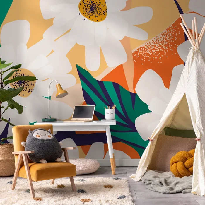 Floral Wallpaper With Large Graphic Daisies In Yellow, Orange, And Green – C111