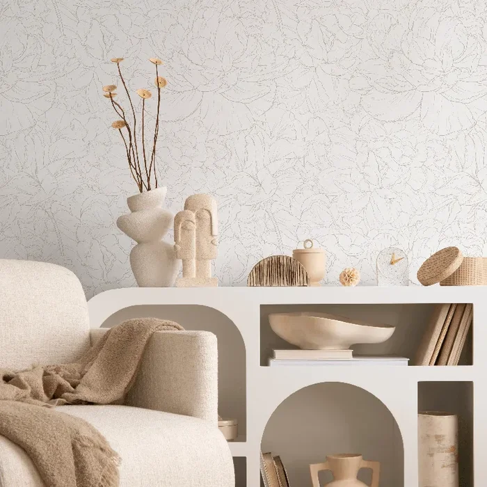 Floral Wallpaper With Minimalist Peony Line Art In Taupe – Zaed