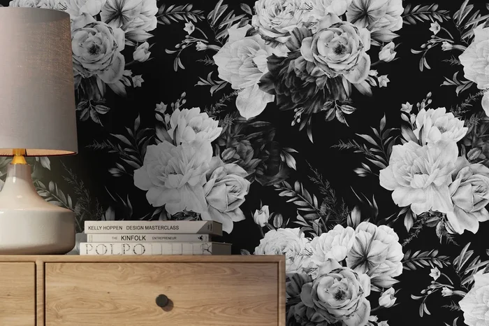 Floral Wallpaper With Moody Rose Bouquets In Black, White, And Gray – D544