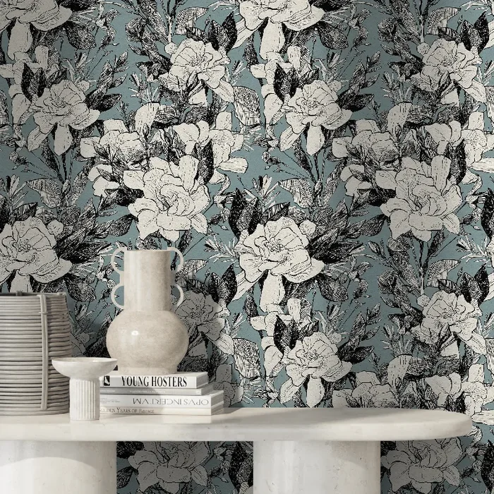 Floral Wallpaper With Sketched Gardenias In Blue, Black, And White – A786
