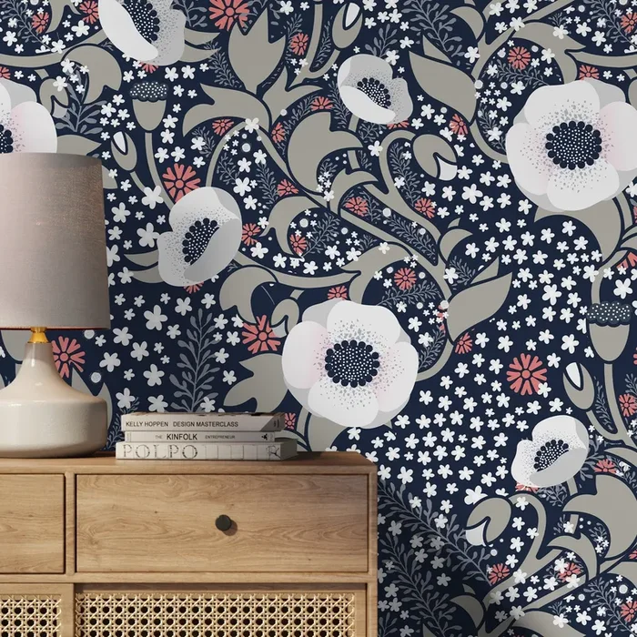 Floral Wallpaper With Stylized Anemones In Navy Blue, Coral, And Gray – X033