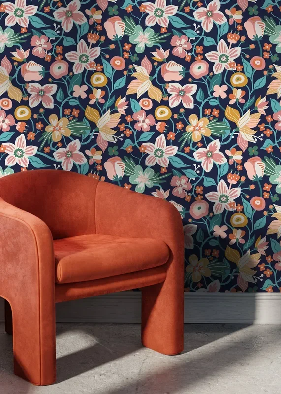 Floral Wallpaper With Stylized Garden Blooms In Pink, Orange, And Teal – D119