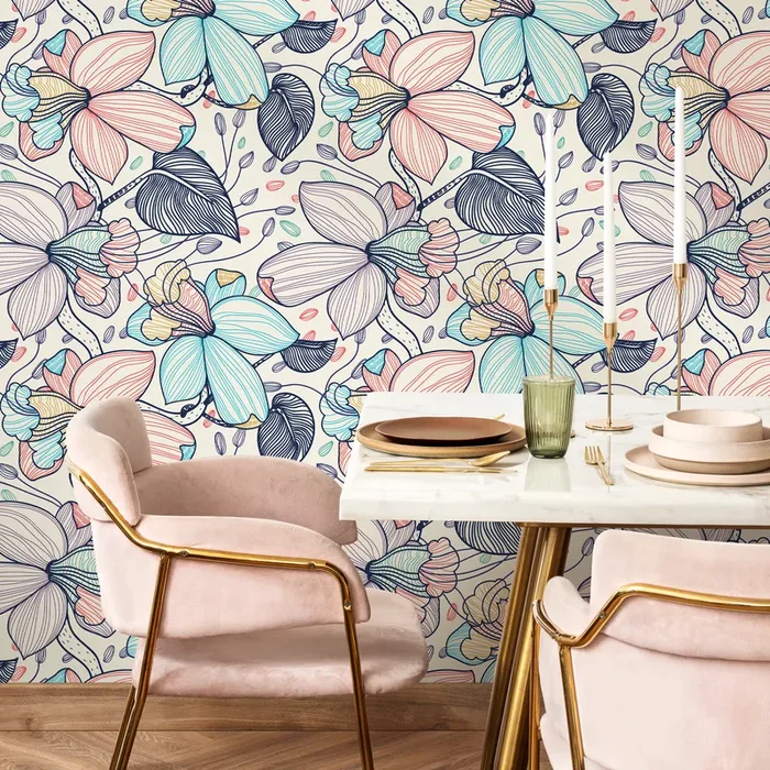 Floral Wallpaper With Stylized Line Art Blooms In Blue, Pink, And Navy – B297