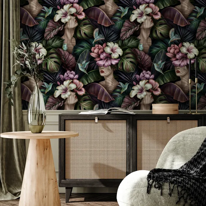 Floral Wallpaper With Surreal Portraits And Tropical Blooms In Purple And Green – C400