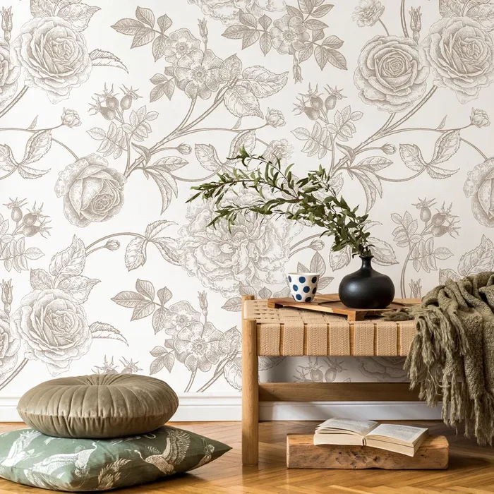 Floral Wallpaper With Vintage Roses And Peonies In Taupe Brown – Zacz