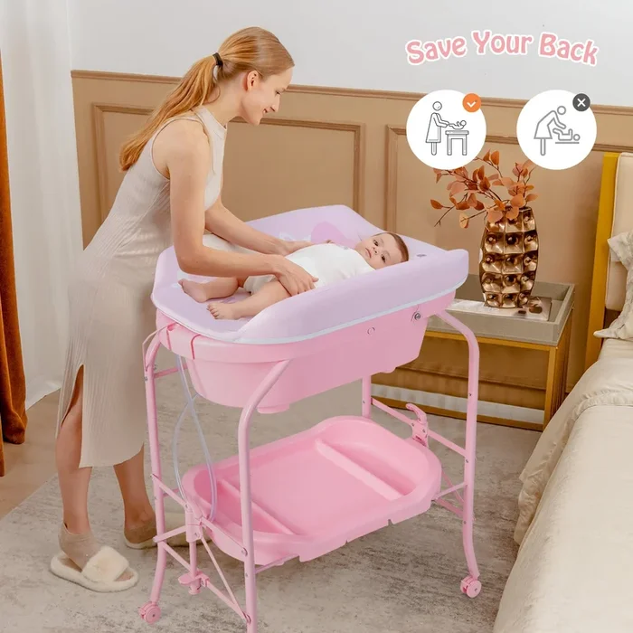 Folding Baby Changing Table With Bathtub and 4 Universal Wheels-Pink