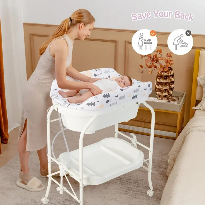 Folding Baby Changing Table With Bathtub and 4 Universal Wheels-White
