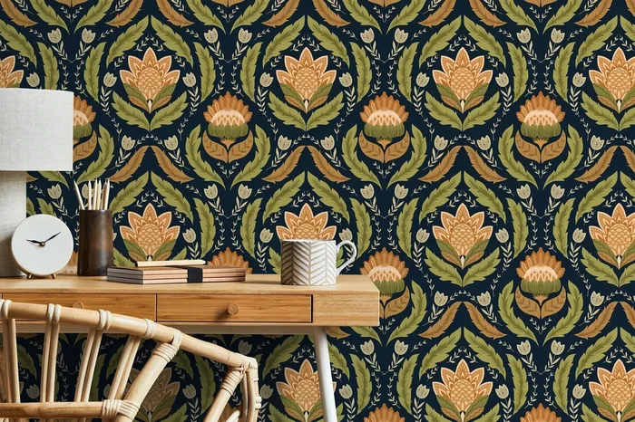 Folk Art Wallpaper With A Symmetrical Floral Damask In Navy Blue, Green, And Orange – D061