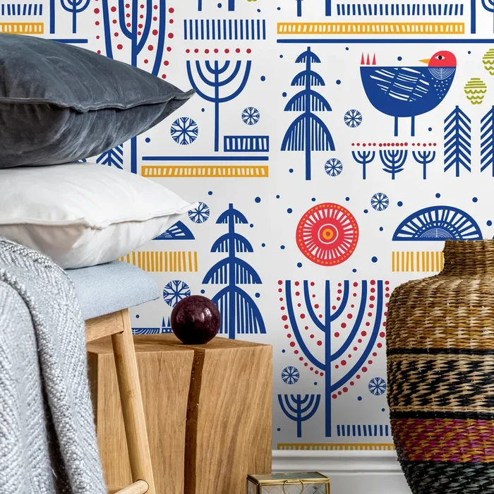 Folk Art Wallpaper With Stylized Birds And Trees In Blue, Red, And Yellow – A683