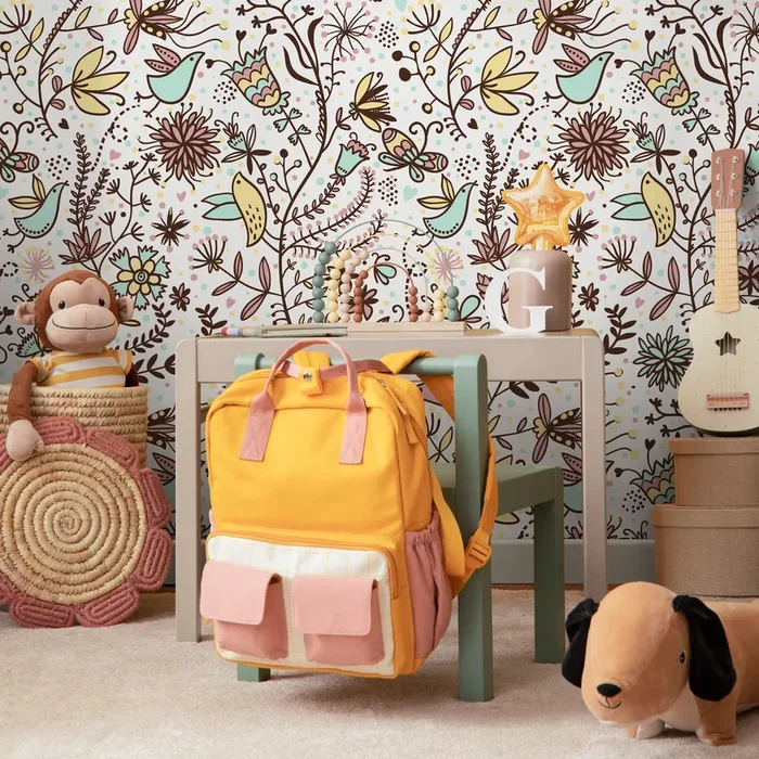 Folk Art Wallpaper With Whimsical Birds And Flowers In Brown, Pink, And Blue – B505