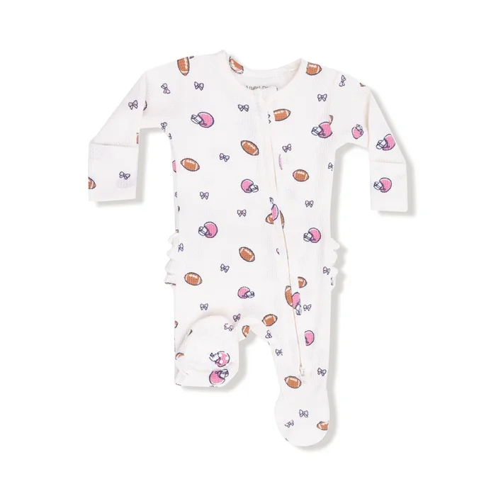 Footballs and Bows 2 Way Ruffle Back Zipper Footie