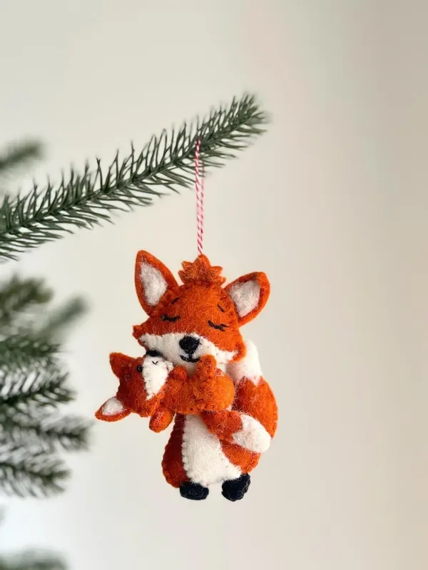 Fox Holding Baby Ornament