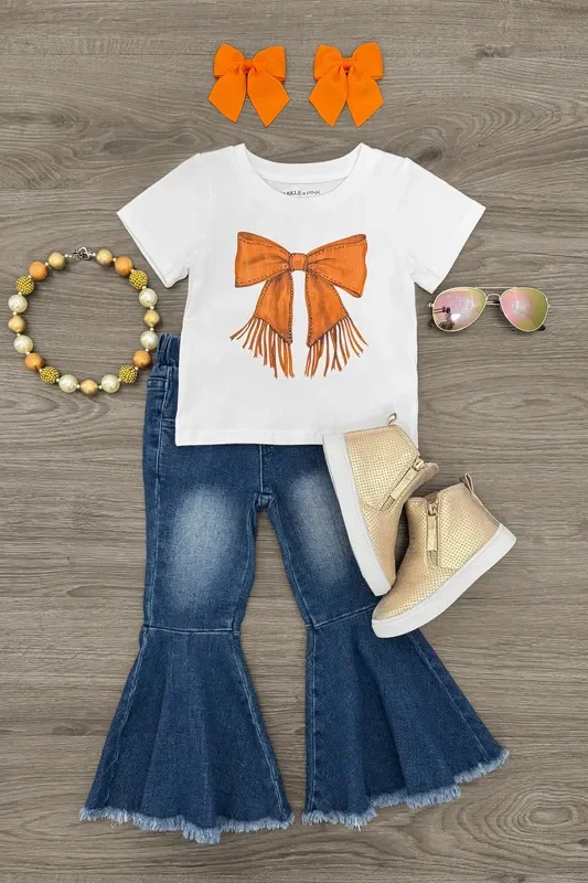 Fringe Bow Denim Bell Bottom Set