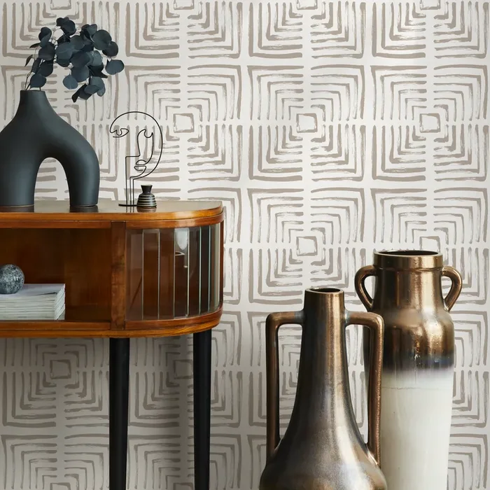 Geometric Wallpaper With A Brushed Square Labyrinth In Taupe – C068