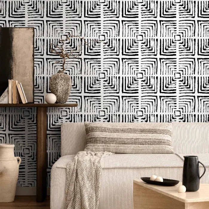 Geometric Wallpaper With A Brushstroke Maze Motif In Black And White – B997
