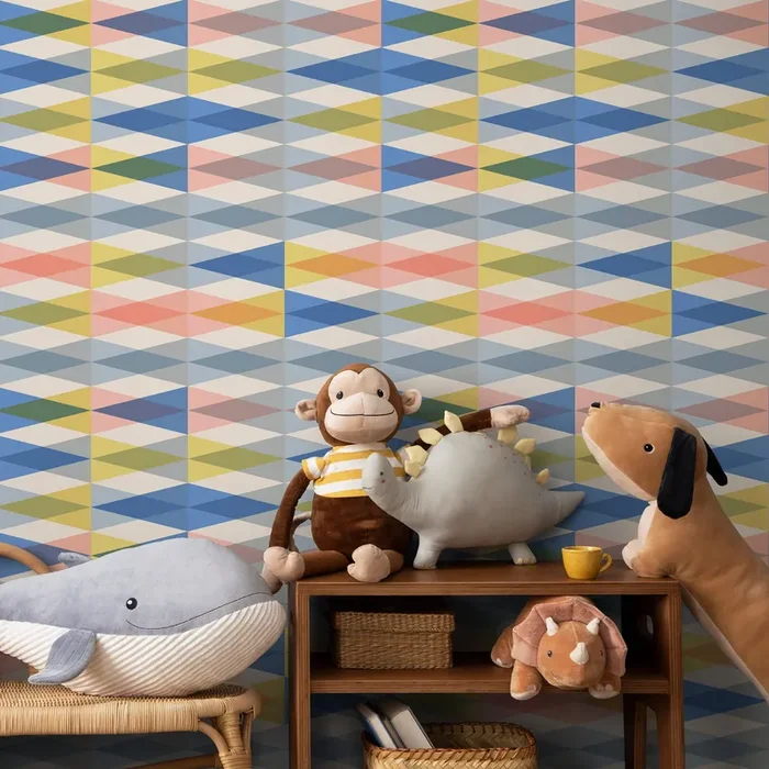 Geometric Wallpaper With A Colorful Diamond Motif In Blue, Yellow, And Pink – D992