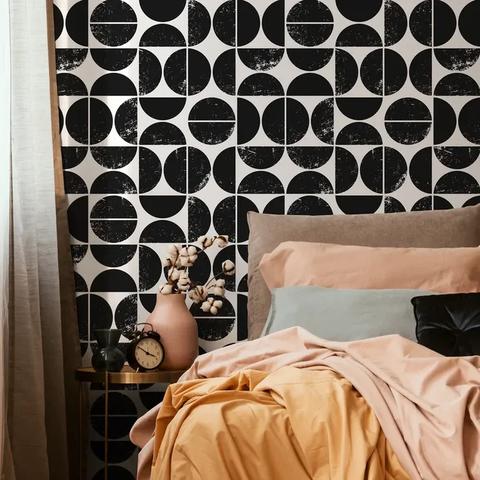 Geometric Wallpaper With A Distressed Semi-circle Motif In Black And White – C029