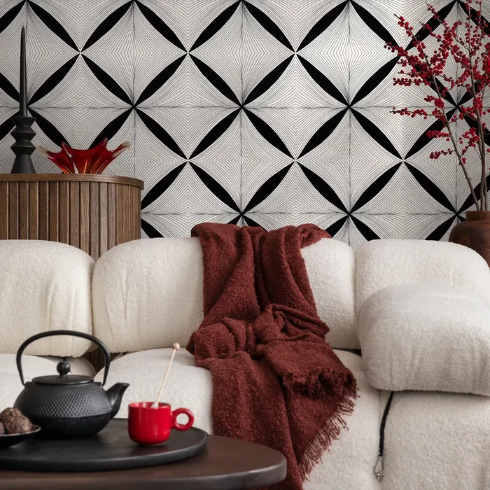 Geometric Wallpaper With A Fine Line Diamond Motif In Black And White – C939