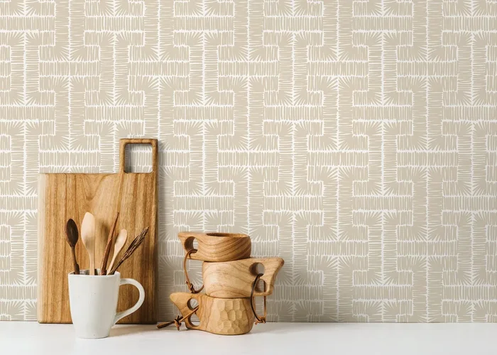 Geometric Wallpaper With A Hand-drawn Hatched Motif In Beige – D049